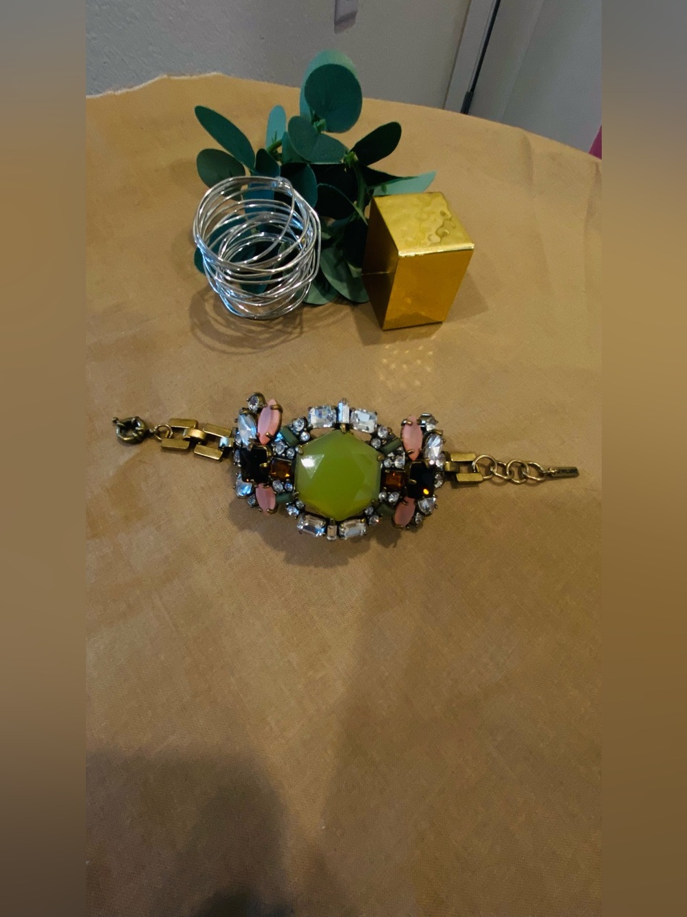 Gold-Tone Bracelet with Lime Green Center and Pink Accents